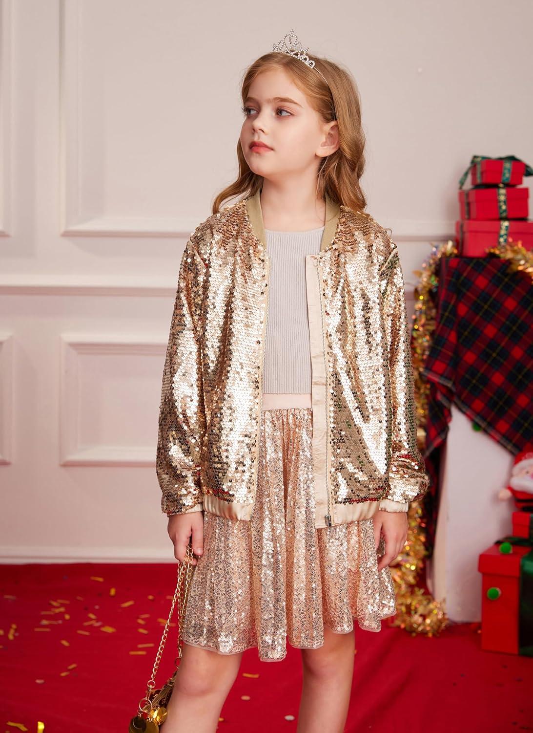 imageGRACE KARIN Girls Sequin Jacket Kids Bomber Zip Outwear Sparkle Fall Top Cardigan Dress Coat Size 514Rose Gold