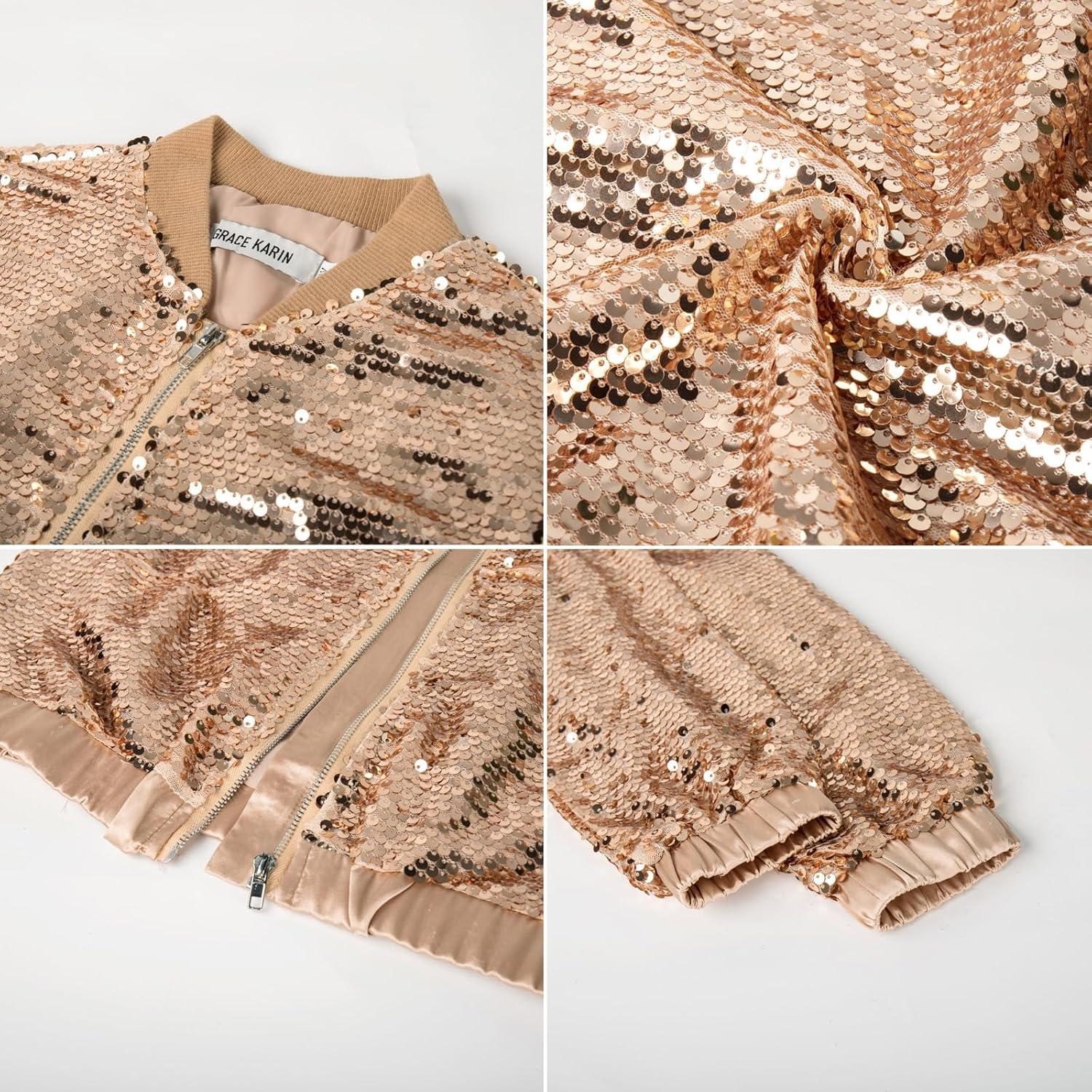 imageGRACE KARIN Girls Sequin Jacket Kids Bomber Zip Outwear Sparkle Fall Top Cardigan Dress Coat Size 514Rose Gold
