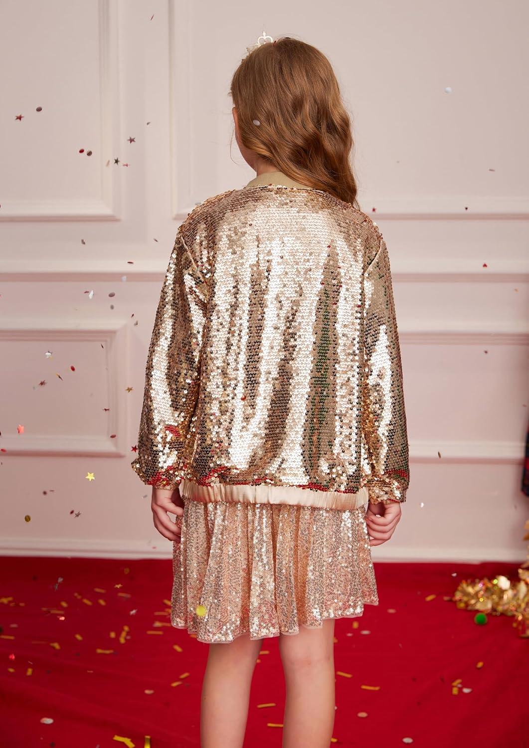 imageGRACE KARIN Girls Sequin Jacket Kids Bomber Zip Outwear Sparkle Fall Top Cardigan Dress Coat Size 514Rose Gold