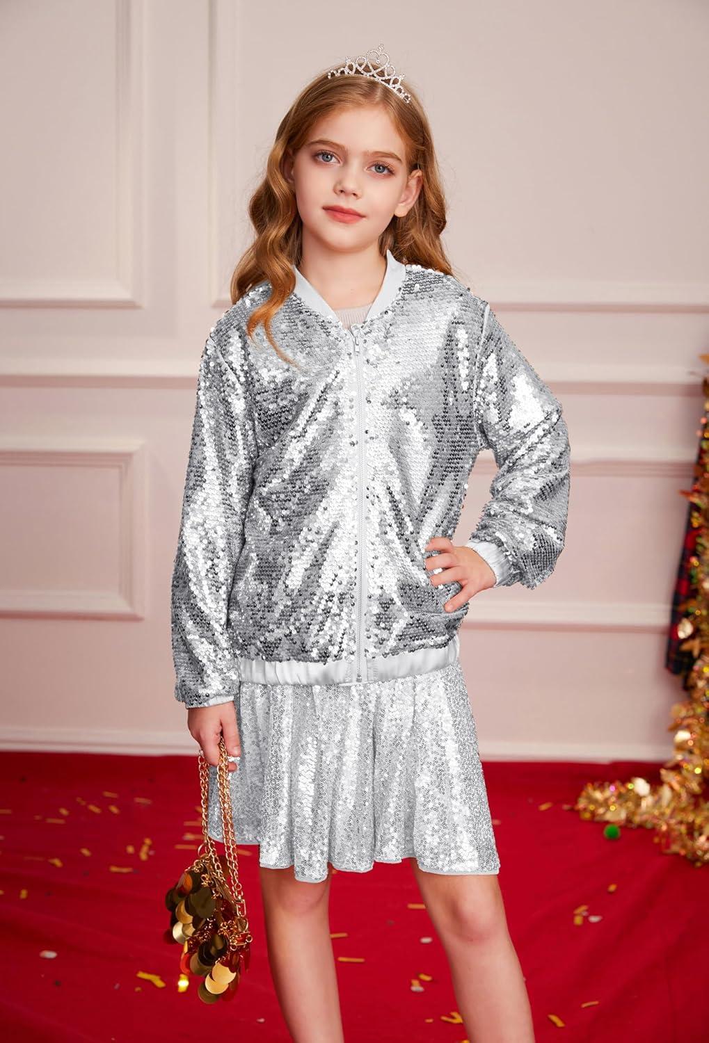 imageGRACE KARIN Girls Sequin Jacket Kids Bomber Zip Outwear Sparkle Fall Top Cardigan Dress Coat Size 514Silver