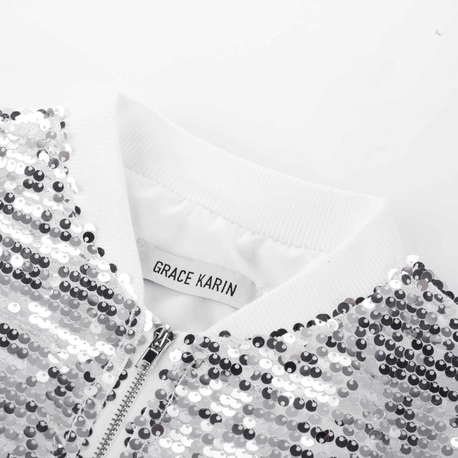 imageGRACE KARIN Girls Sequin Jacket Kids Bomber Zip Outwear Sparkle Fall Top Cardigan Dress Coat Size 514Silver