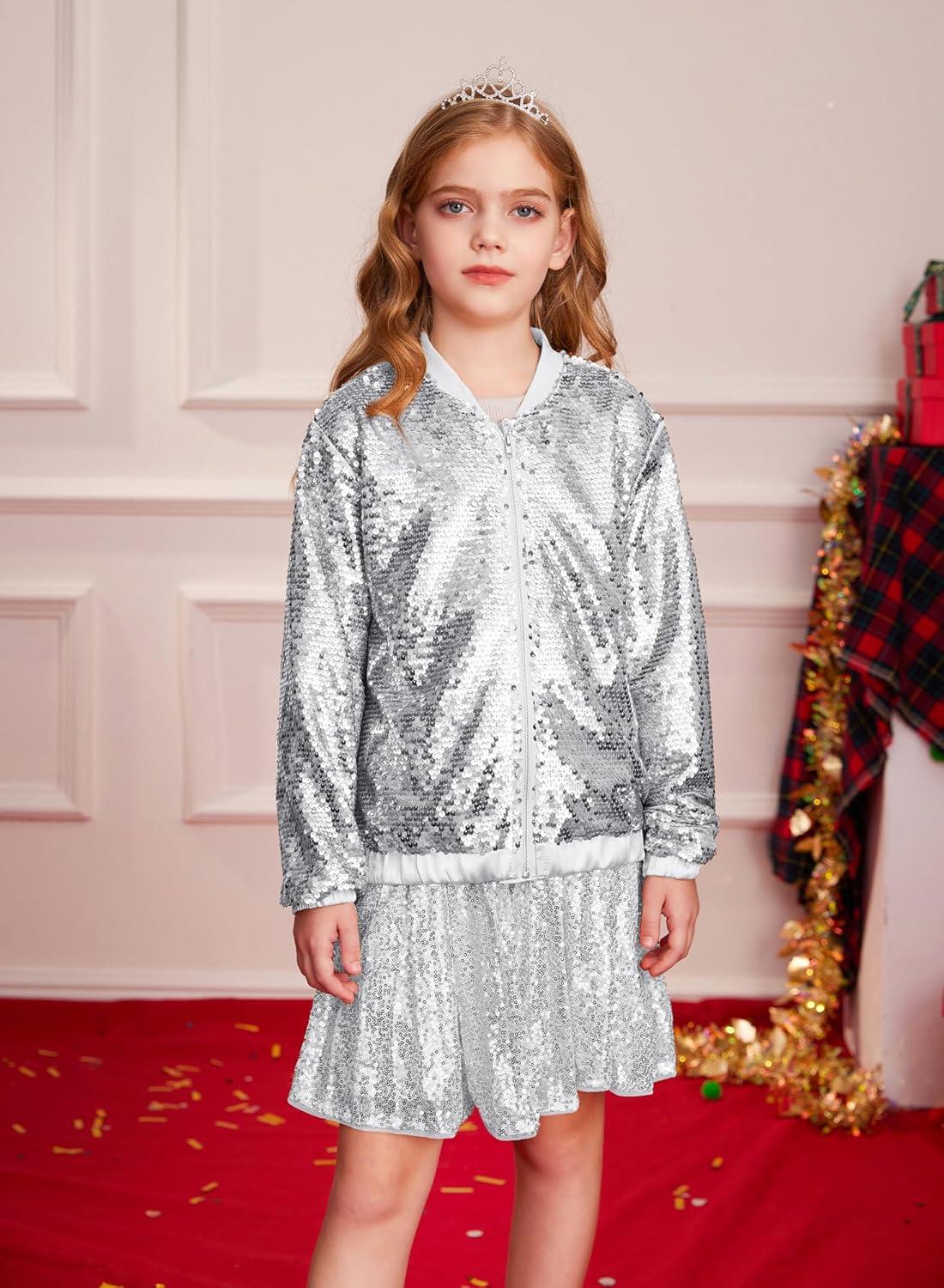 imageGRACE KARIN Girls Sequin Jacket Kids Bomber Zip Outwear Sparkle Fall Top Cardigan Dress Coat Size 514Silver