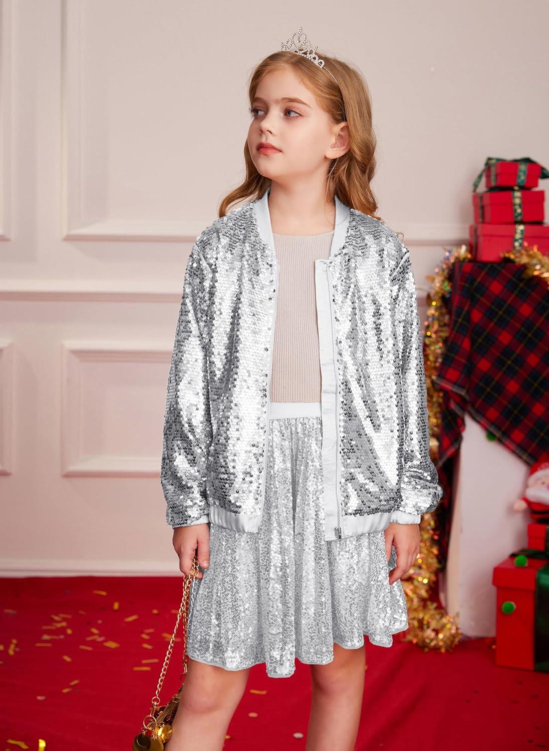 imageGRACE KARIN Girls Sequin Jacket Kids Bomber Zip Outwear Sparkle Fall Top Cardigan Dress Coat Size 514Silver