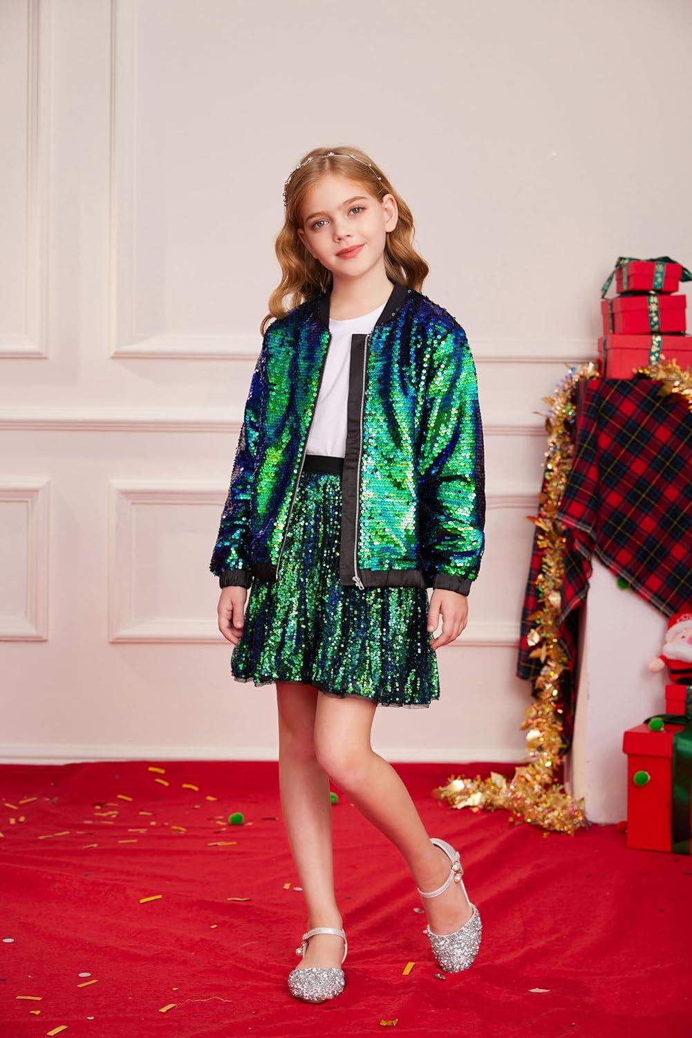 imageGRACE KARIN Girls Sequin Jacket Kids Bomber Zip Outwear Sparkle Fall Top Cardigan Dress Coat Size 514Sparkle Green
