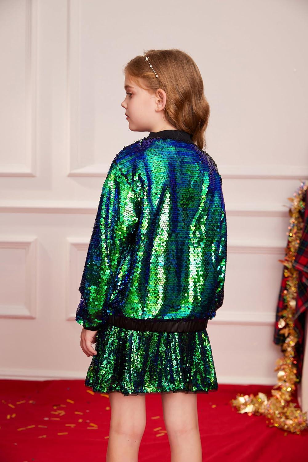 imageGRACE KARIN Girls Sequin Jacket Kids Bomber Zip Outwear Sparkle Fall Top Cardigan Dress Coat Size 514Sparkle Green