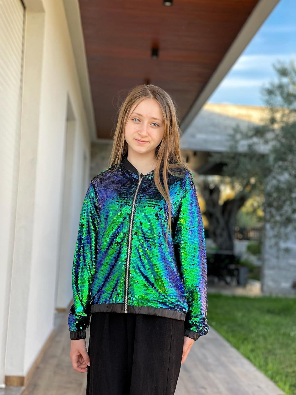 imageGRACE KARIN Girls Sequin Jacket Kids Bomber Zip Outwear Sparkle Fall Top Cardigan Dress Coat Size 514Sparkle Green