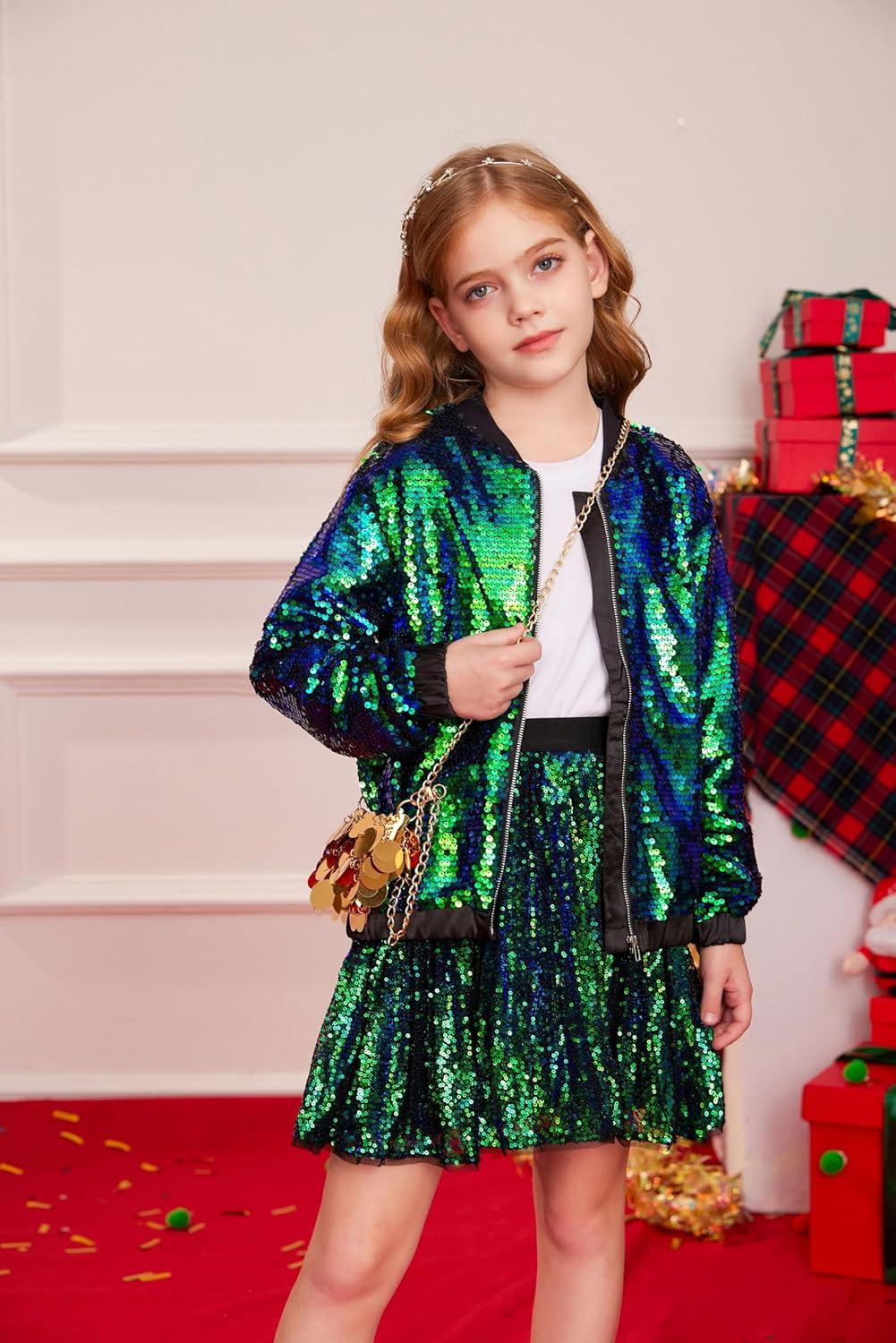 imageGRACE KARIN Girls Sequin Jacket Kids Bomber Zip Outwear Sparkle Fall Top Cardigan Dress Coat Size 514Sparkle Green