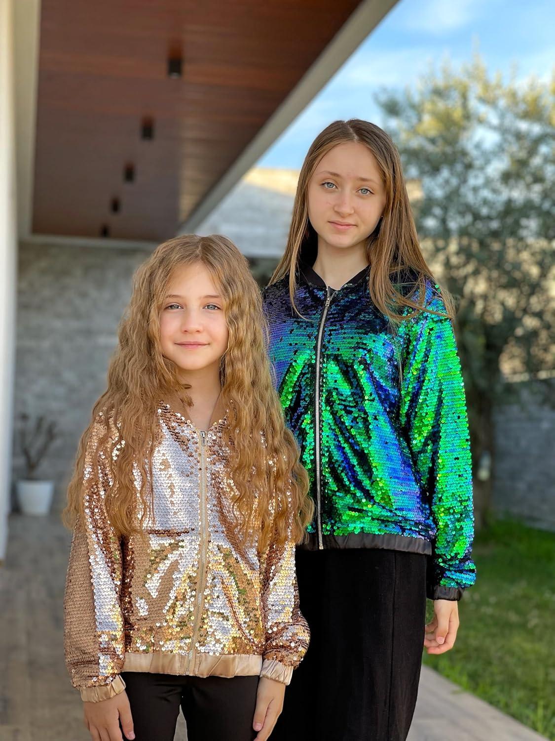 imageGRACE KARIN Girls Sequin Jacket Kids Bomber Zip Outwear Sparkle Fall Top Cardigan Dress Coat Size 514Sparkle Green