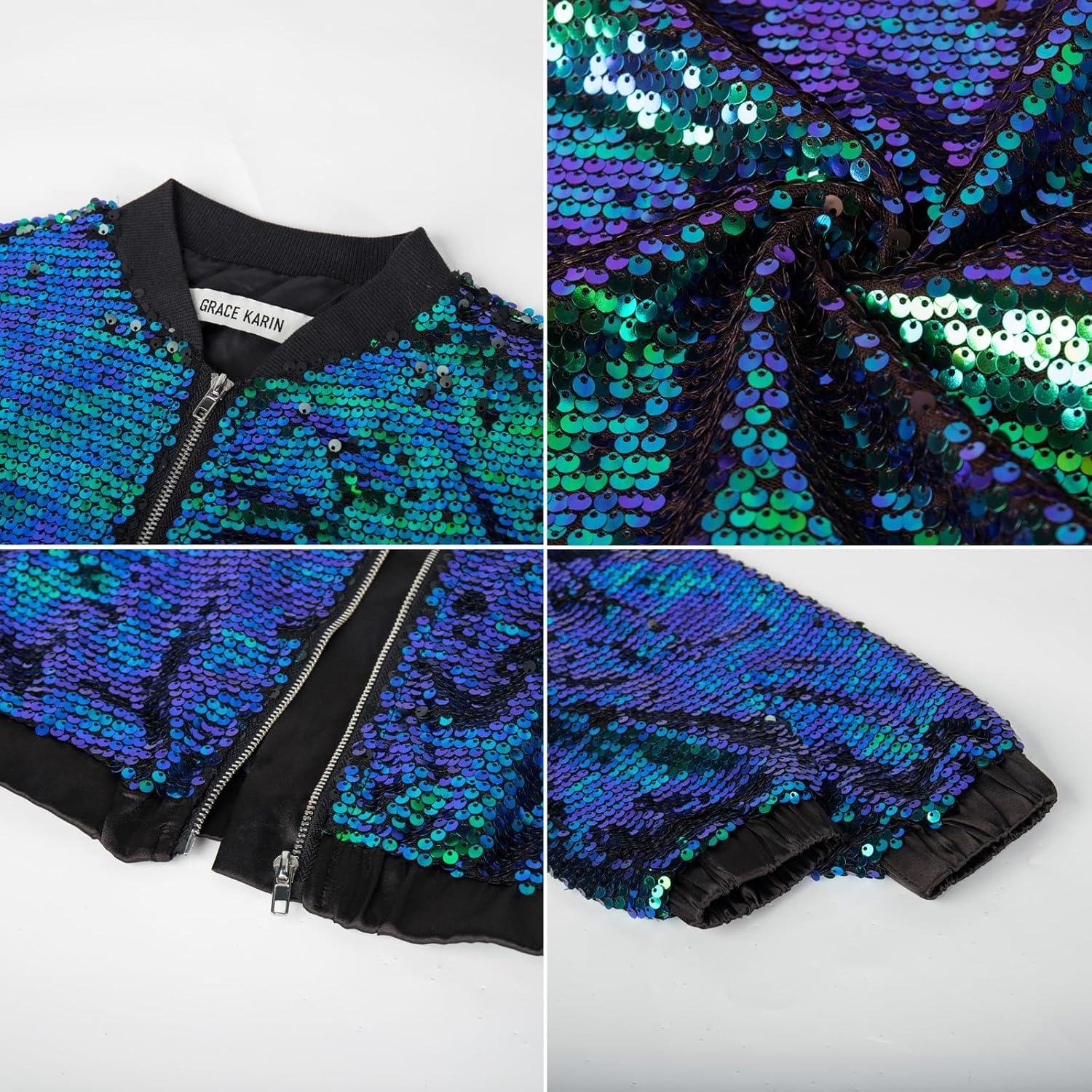 imageGRACE KARIN Girls Sequin Jacket Kids Bomber Zip Outwear Sparkle Fall Top Cardigan Dress Coat Size 514Sparkle Green