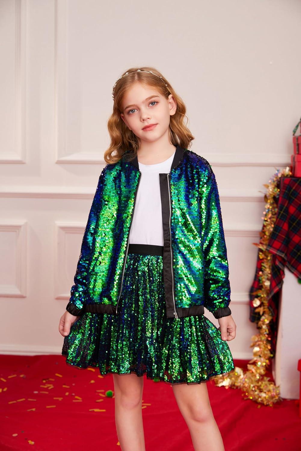 imageGRACE KARIN Girls Sequin Jacket Kids Bomber Zip Outwear Sparkle Fall Top Cardigan Dress Coat Size 514Sparkle Green