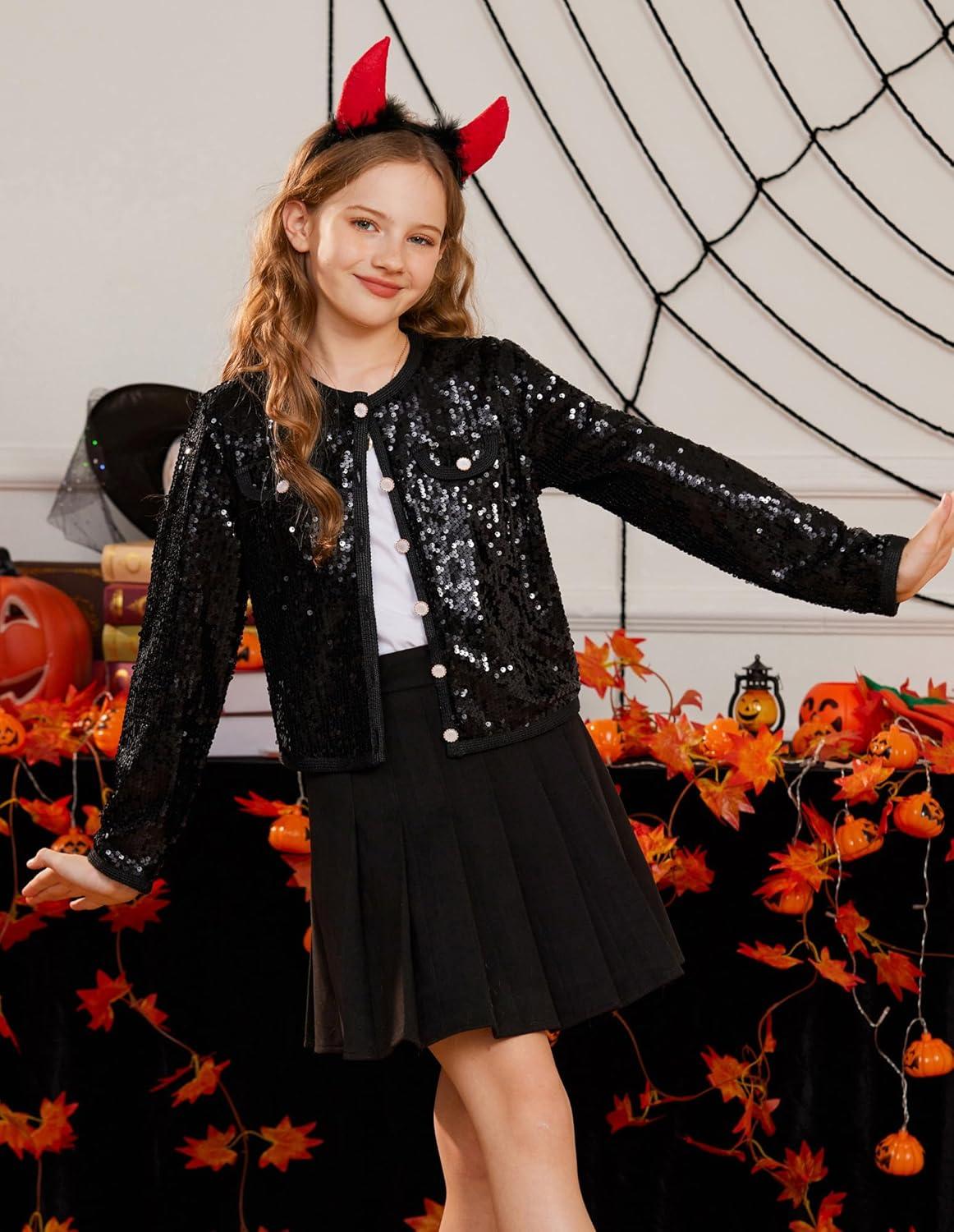 imageGRACE KARIN Girls Sequin Jackets Sparkle Dress Coats Button Cropped Cardigan for Kids 514Black