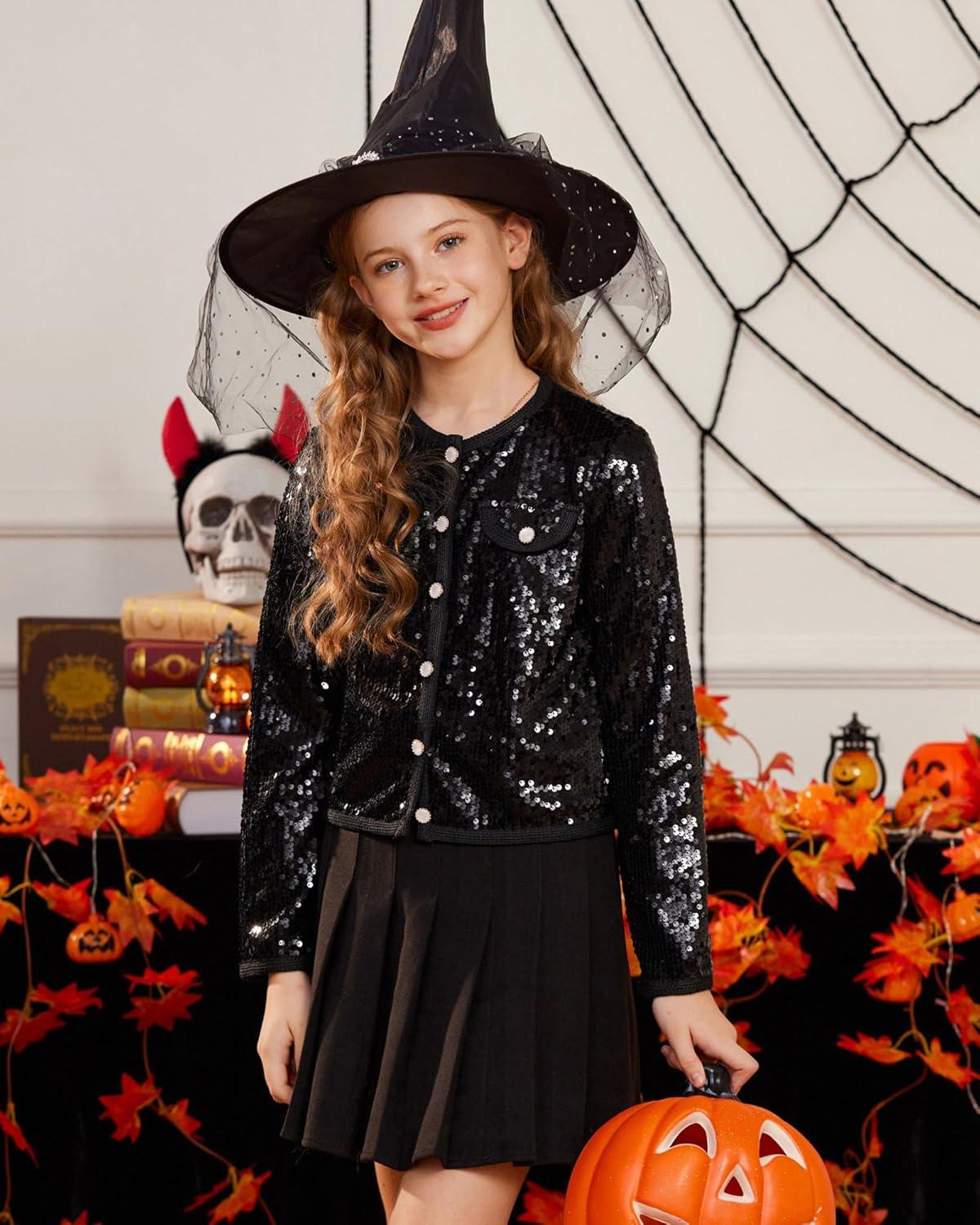 imageGRACE KARIN Girls Sequin Jackets Sparkle Dress Coats Button Cropped Cardigan for Kids 514Black