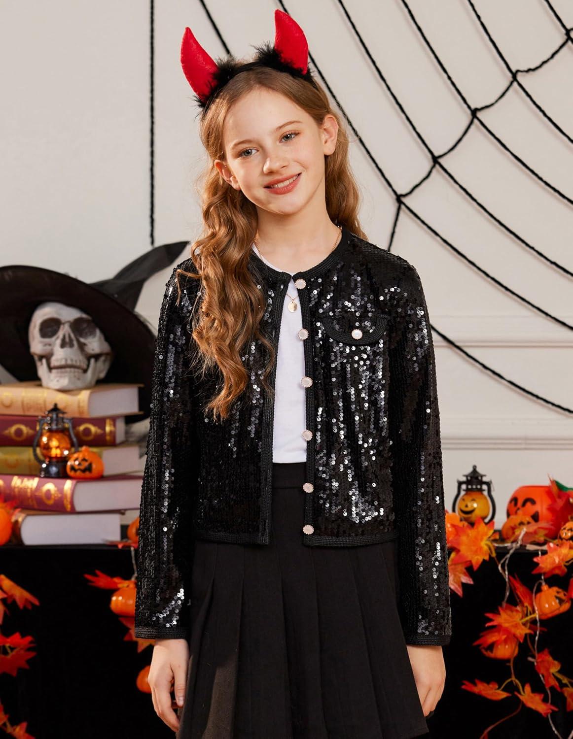 imageGRACE KARIN Girls Sequin Jackets Sparkle Dress Coats Button Cropped Cardigan for Kids 514Black
