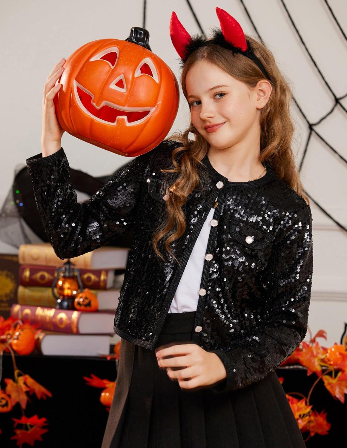 imageGRACE KARIN Girls Sequin Jackets Sparkle Dress Coats Button Cropped Cardigan for Kids 514Black