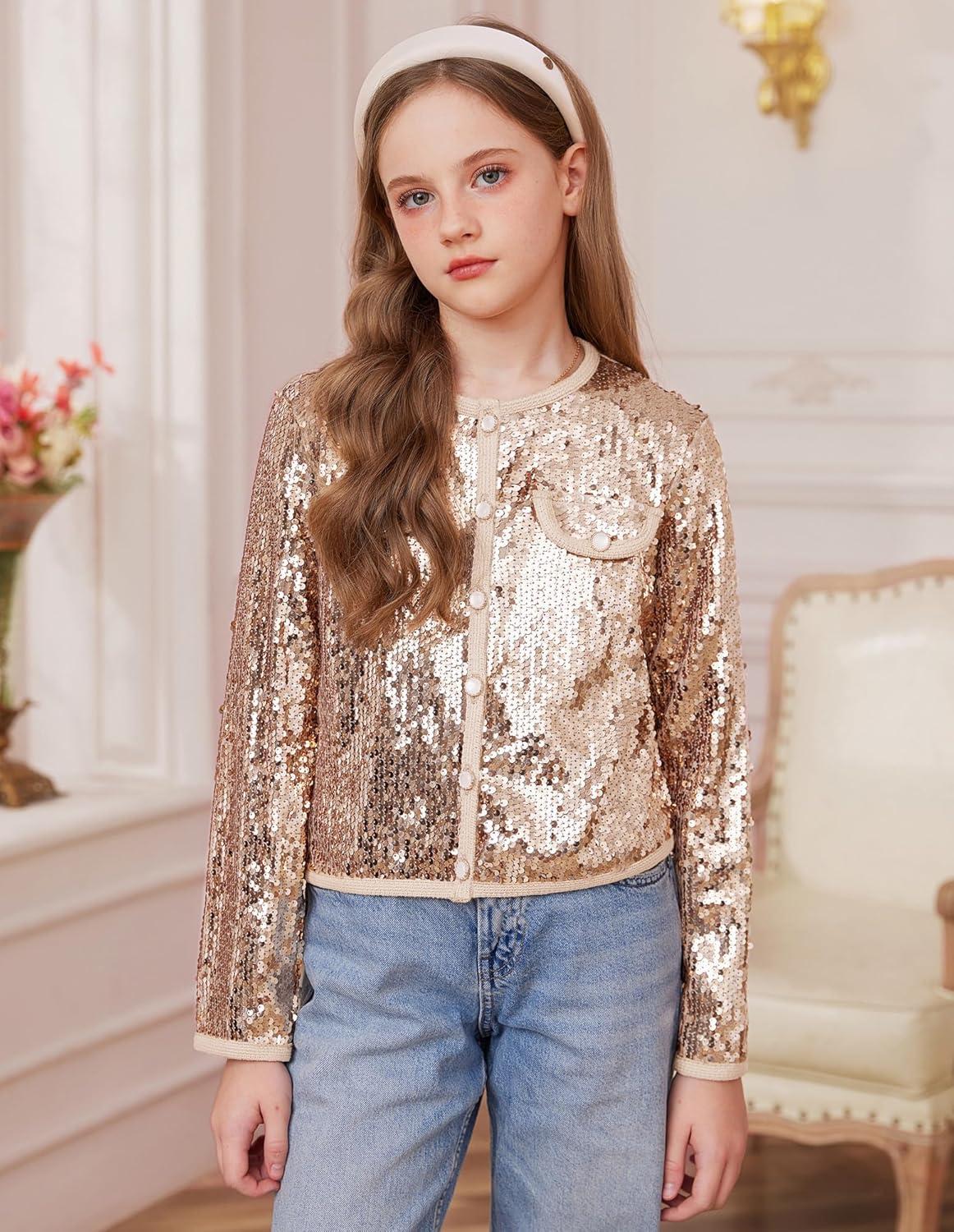 imageGRACE KARIN Girls Sequin Jackets Sparkle Dress Coats Button Cropped Cardigan for Kids 514Champagne