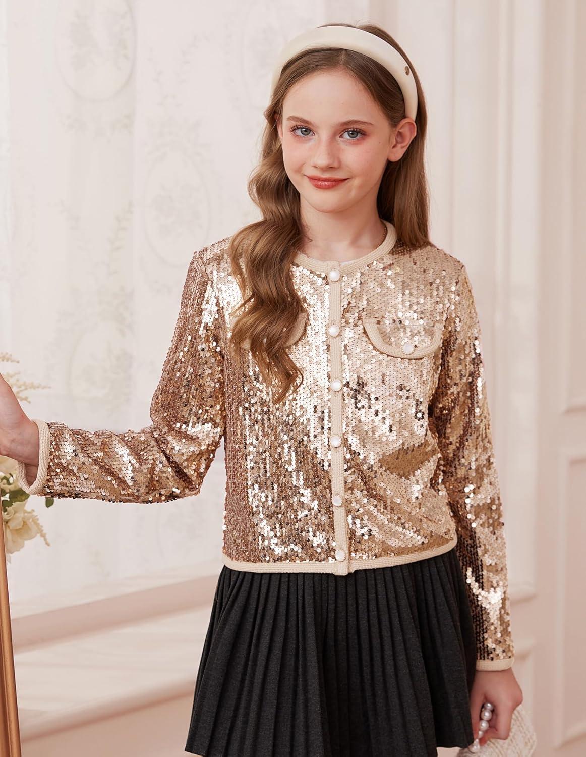 imageGRACE KARIN Girls Sequin Jackets Sparkle Dress Coats Button Cropped Cardigan for Kids 514Champagne