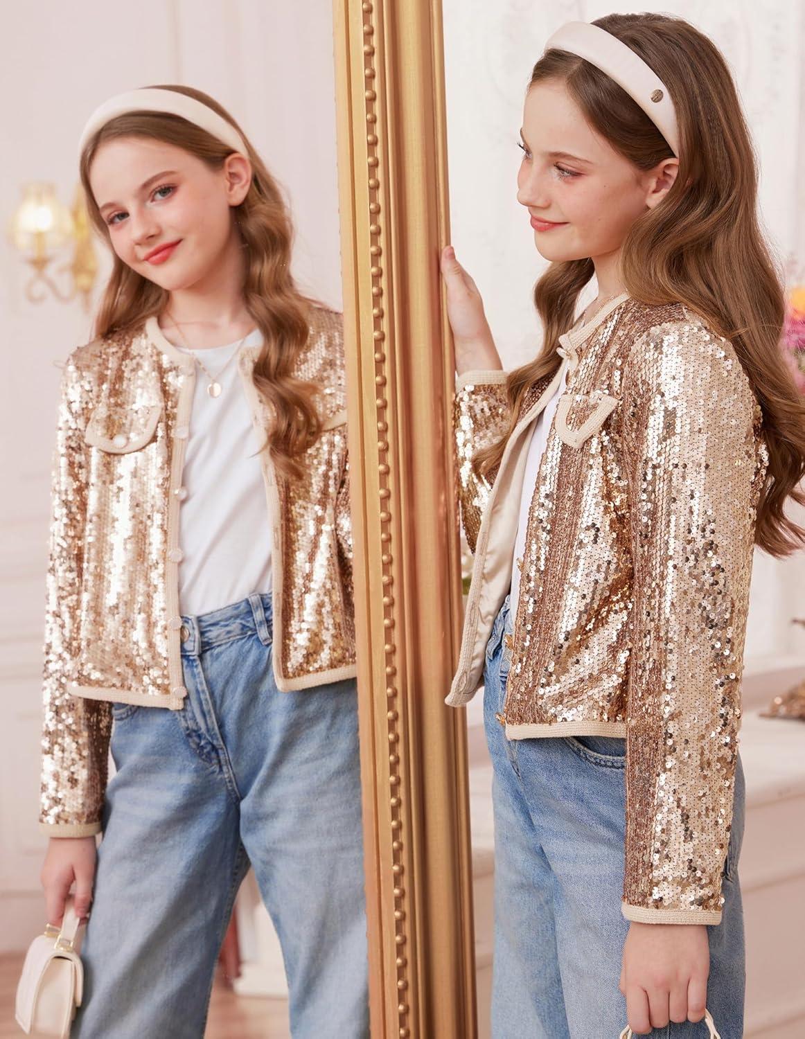 imageGRACE KARIN Girls Sequin Jackets Sparkle Dress Coats Button Cropped Cardigan for Kids 514Champagne