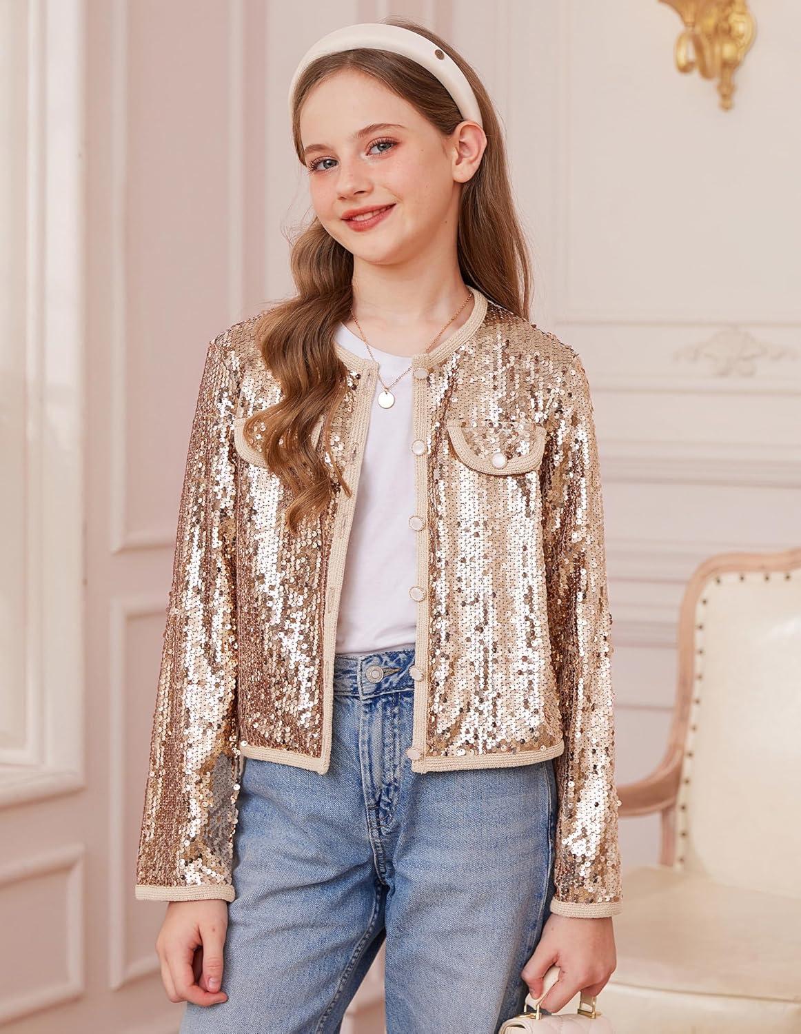 imageGRACE KARIN Girls Sequin Jackets Sparkle Dress Coats Button Cropped Cardigan for Kids 514Champagne
