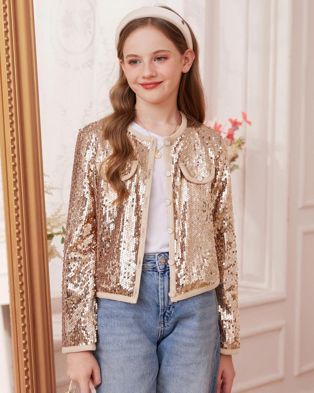 imageGRACE KARIN Girls Sequin Jackets Sparkle Dress Coats Button Cropped Cardigan for Kids 514Champagne