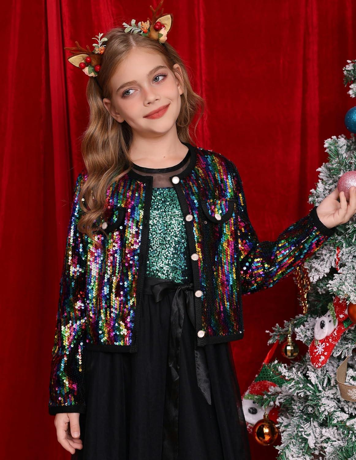imageGRACE KARIN Girls Sequin Jackets Sparkle Dress Coats Button Cropped Cardigan for Kids 514Colorful Black