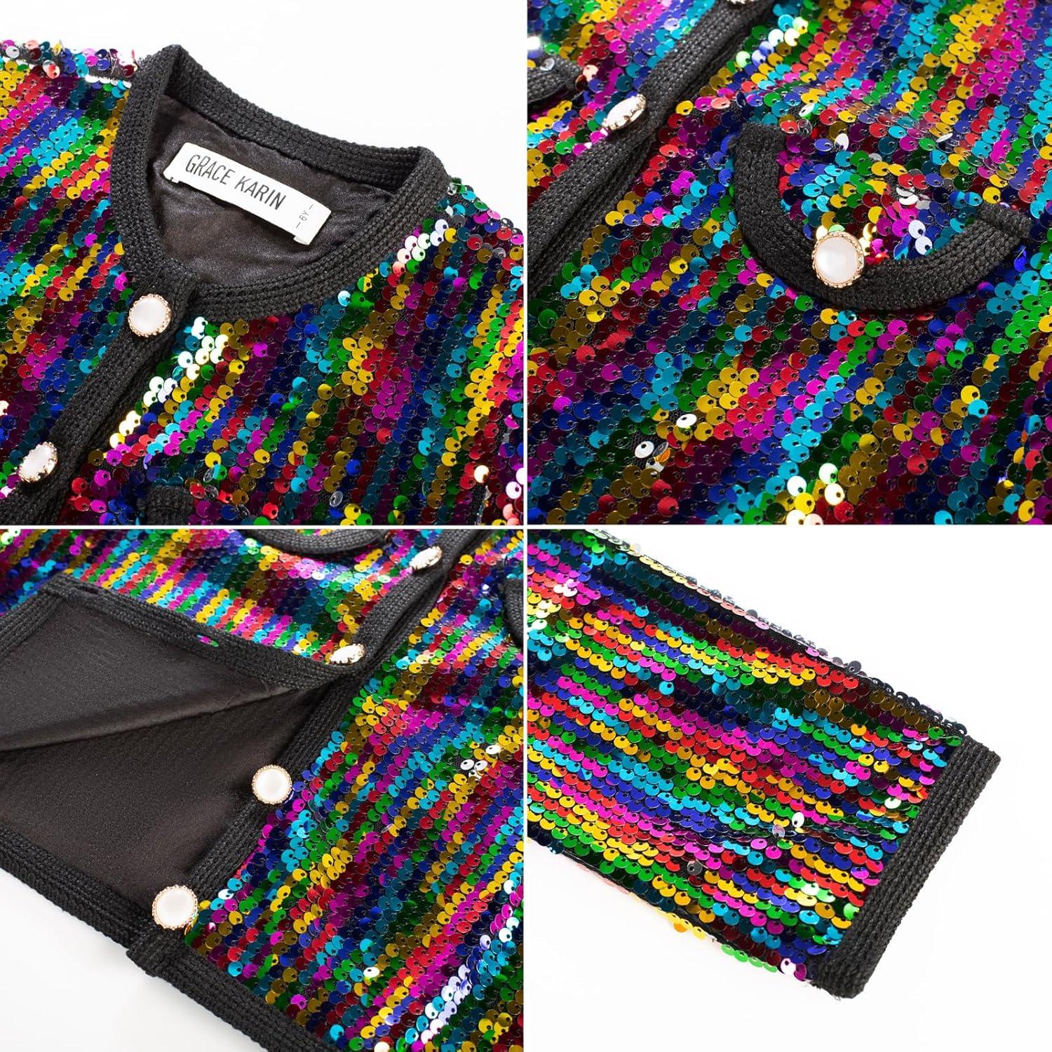 imageGRACE KARIN Girls Sequin Jackets Sparkle Dress Coats Button Cropped Cardigan for Kids 514Colorful Black