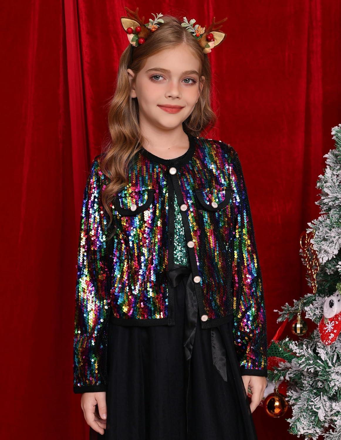 imageGRACE KARIN Girls Sequin Jackets Sparkle Dress Coats Button Cropped Cardigan for Kids 514Colorful Black