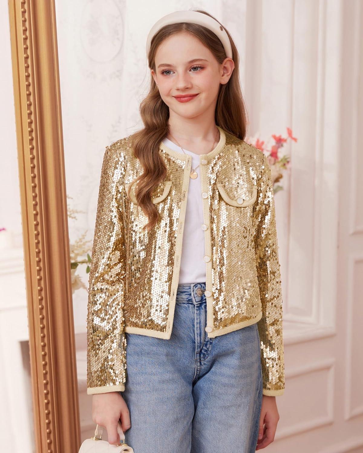 imageGRACE KARIN Girls Sequin Jackets Sparkle Dress Coats Button Cropped Cardigan for Kids 514Gold