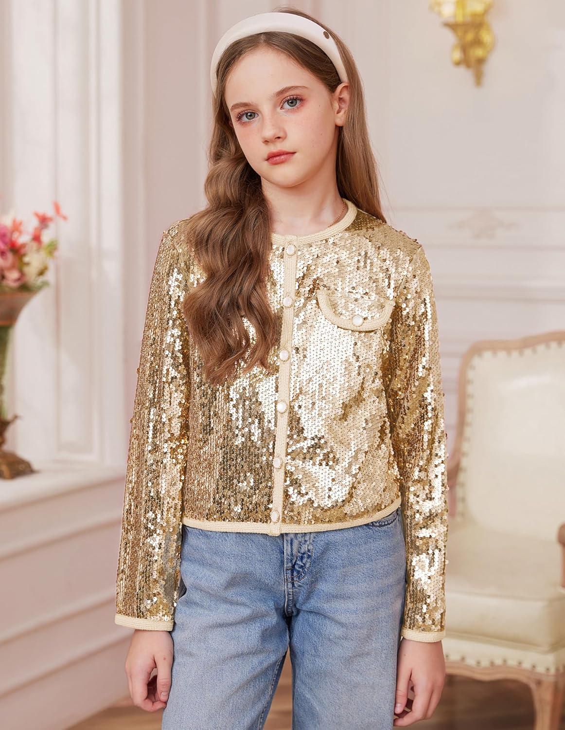 imageGRACE KARIN Girls Sequin Jackets Sparkle Dress Coats Button Cropped Cardigan for Kids 514Gold