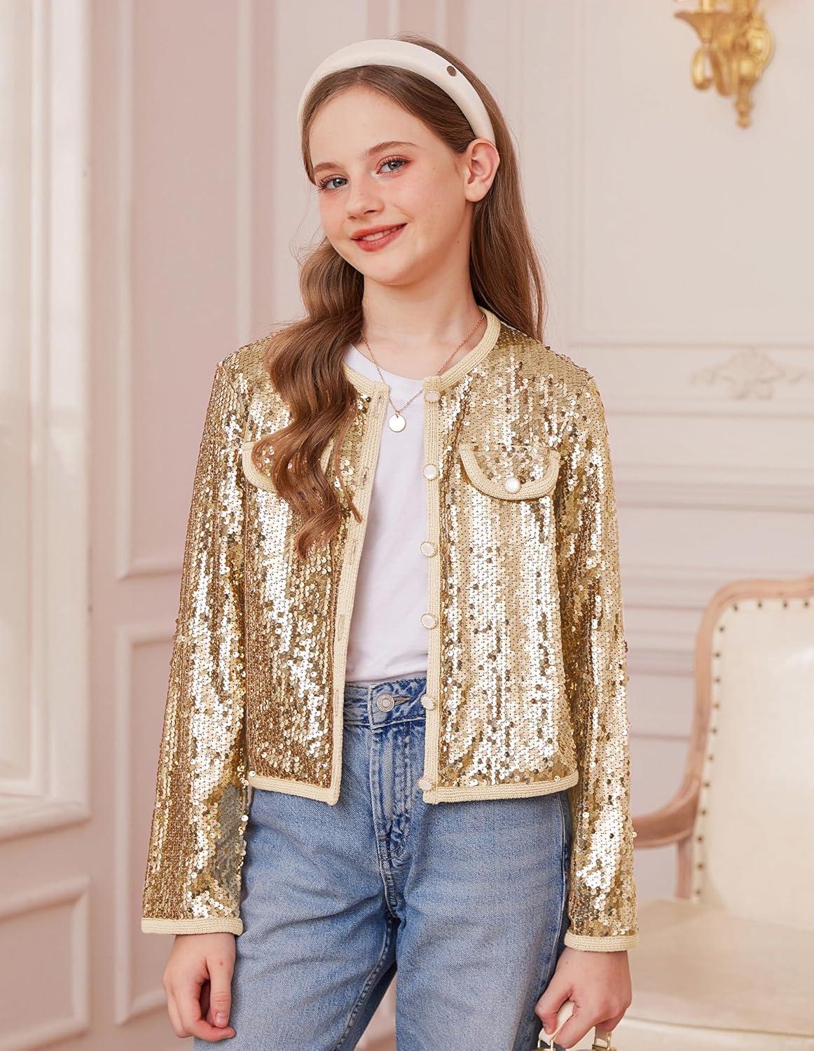 imageGRACE KARIN Girls Sequin Jackets Sparkle Dress Coats Button Cropped Cardigan for Kids 514Gold