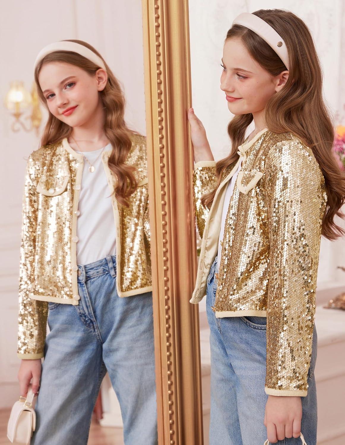 imageGRACE KARIN Girls Sequin Jackets Sparkle Dress Coats Button Cropped Cardigan for Kids 514Gold