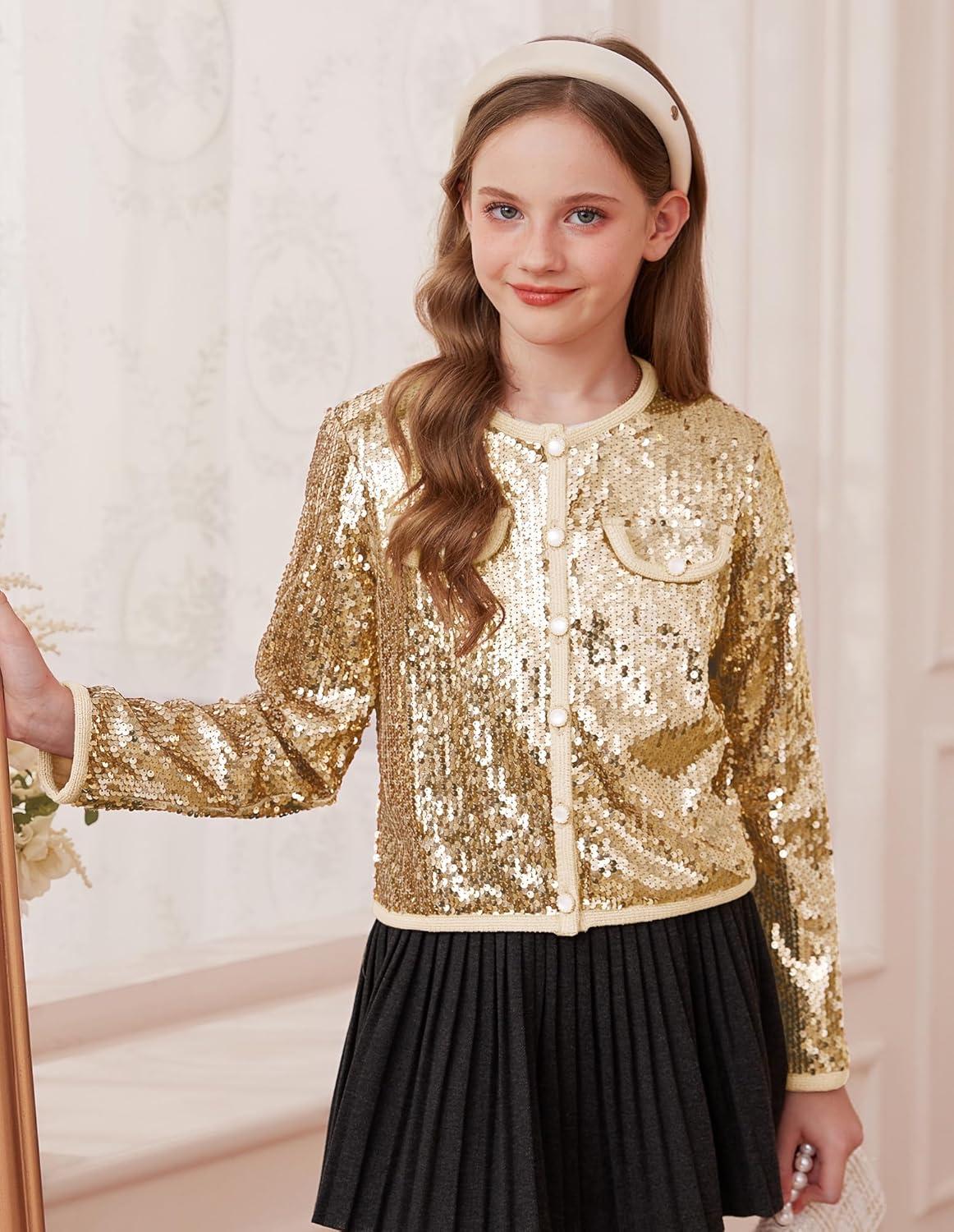 imageGRACE KARIN Girls Sequin Jackets Sparkle Dress Coats Button Cropped Cardigan for Kids 514Gold