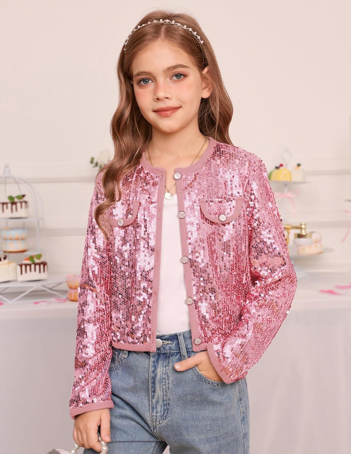imageGRACE KARIN Girls Sequin Jackets Sparkle Dress Coats Button Cropped Cardigan for Kids 514Pink