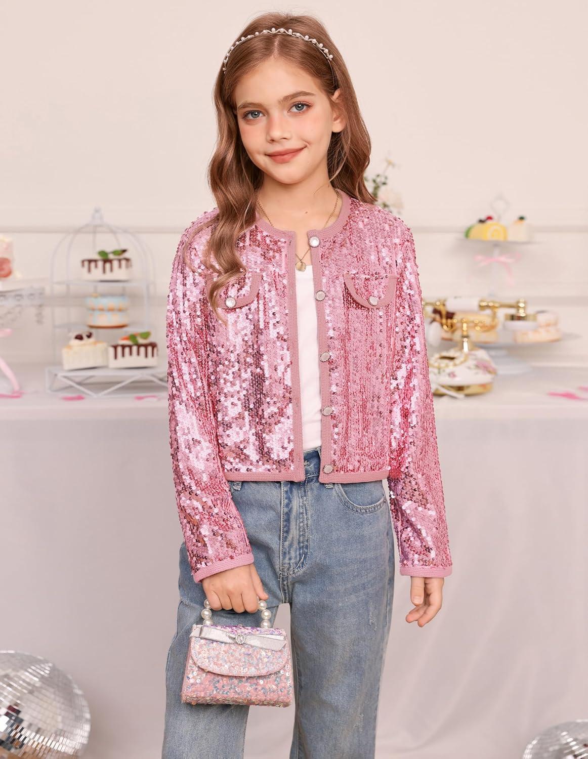 imageGRACE KARIN Girls Sequin Jackets Sparkle Dress Coats Button Cropped Cardigan for Kids 514Pink