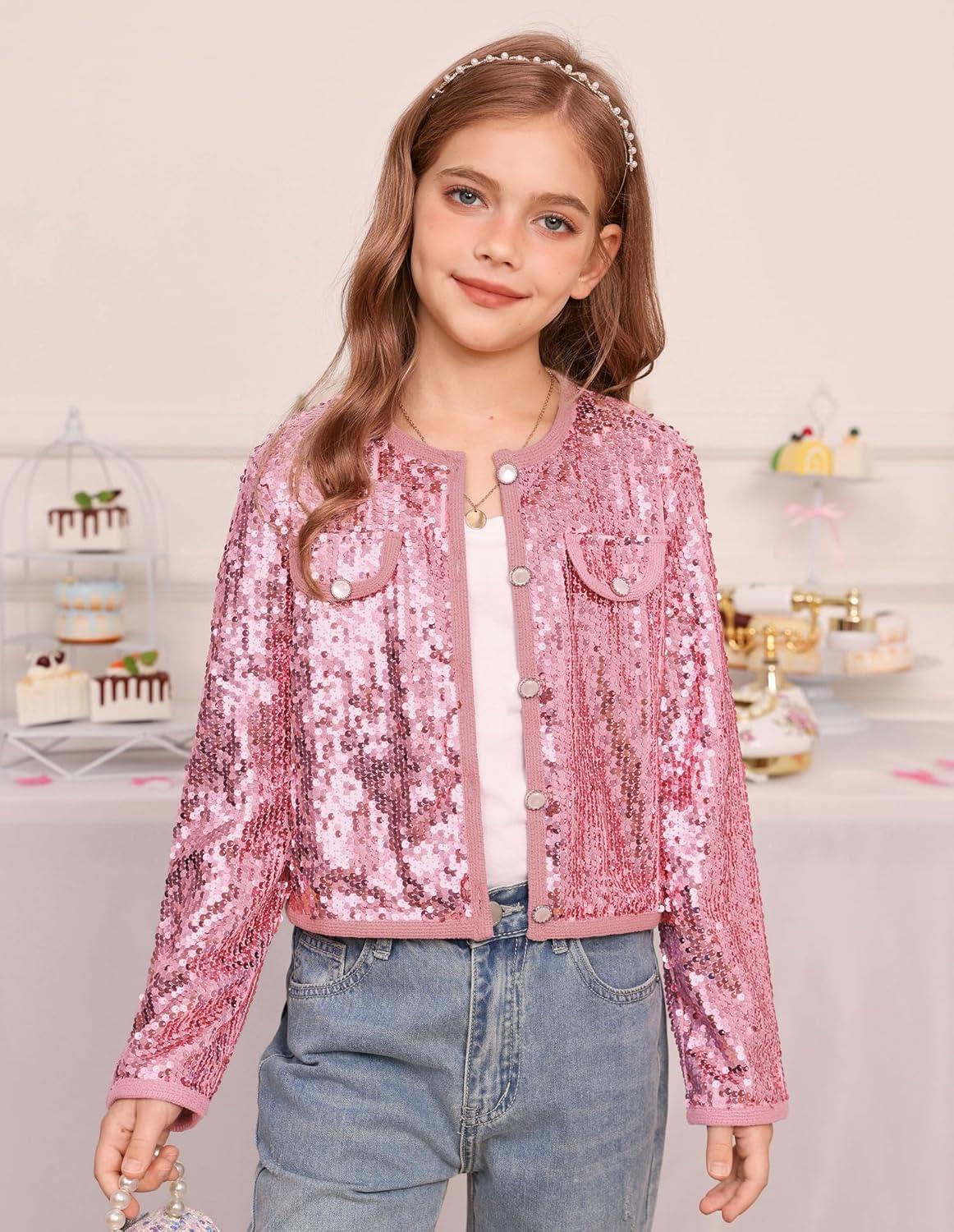 imageGRACE KARIN Girls Sequin Jackets Sparkle Dress Coats Button Cropped Cardigan for Kids 514Pink