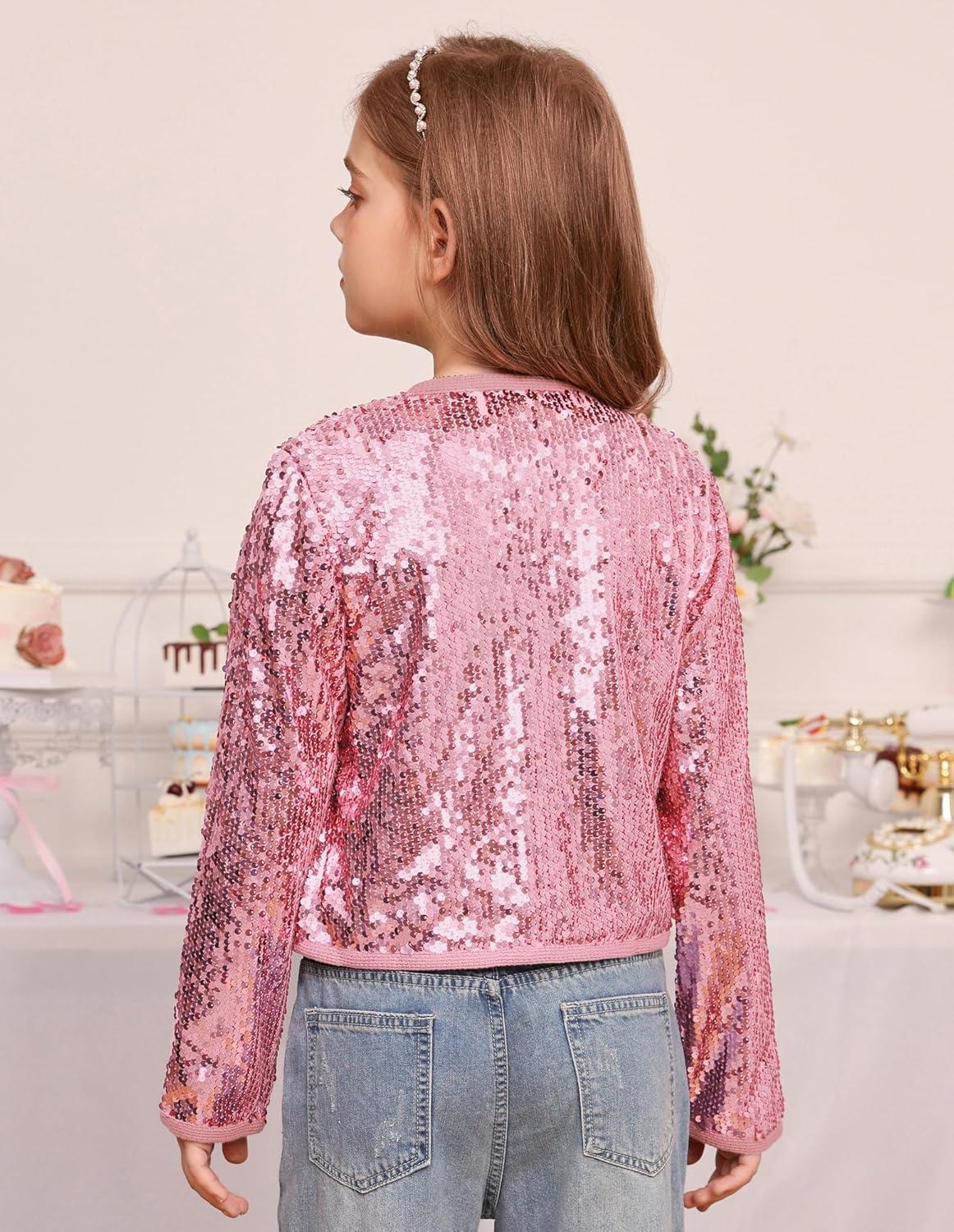 imageGRACE KARIN Girls Sequin Jackets Sparkle Dress Coats Button Cropped Cardigan for Kids 514Pink