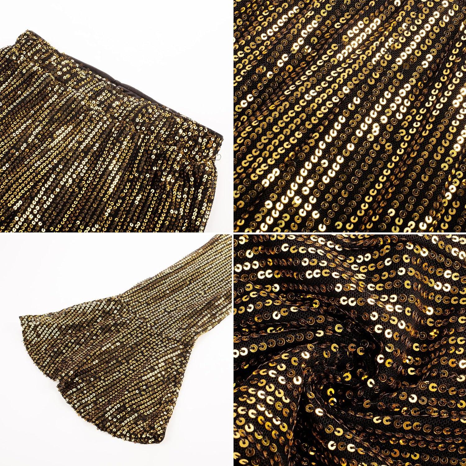 imageGRACE KARIN Girls Sequin Pants Sparke Trouser Glitter Dance Bell Bottoms 514Black Gold