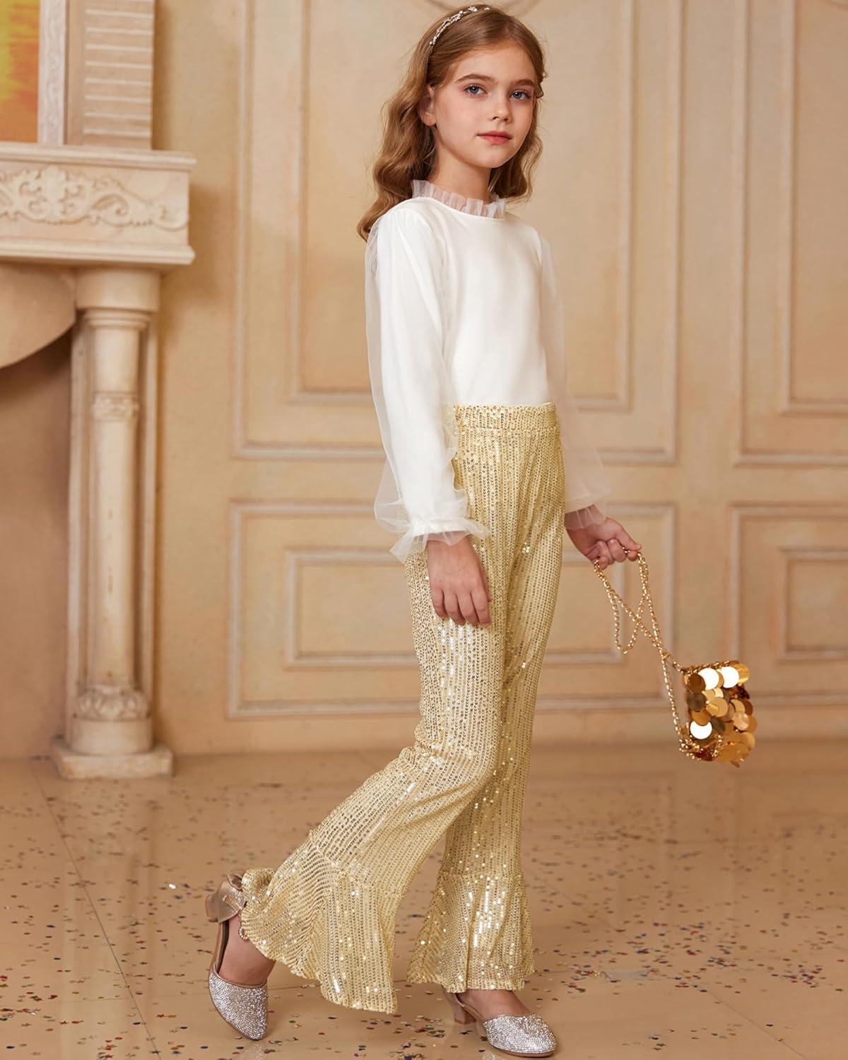 imageGRACE KARIN Girls Sequin Pants Sparke Trouser Glitter Dance Bell Bottoms 514Gold
