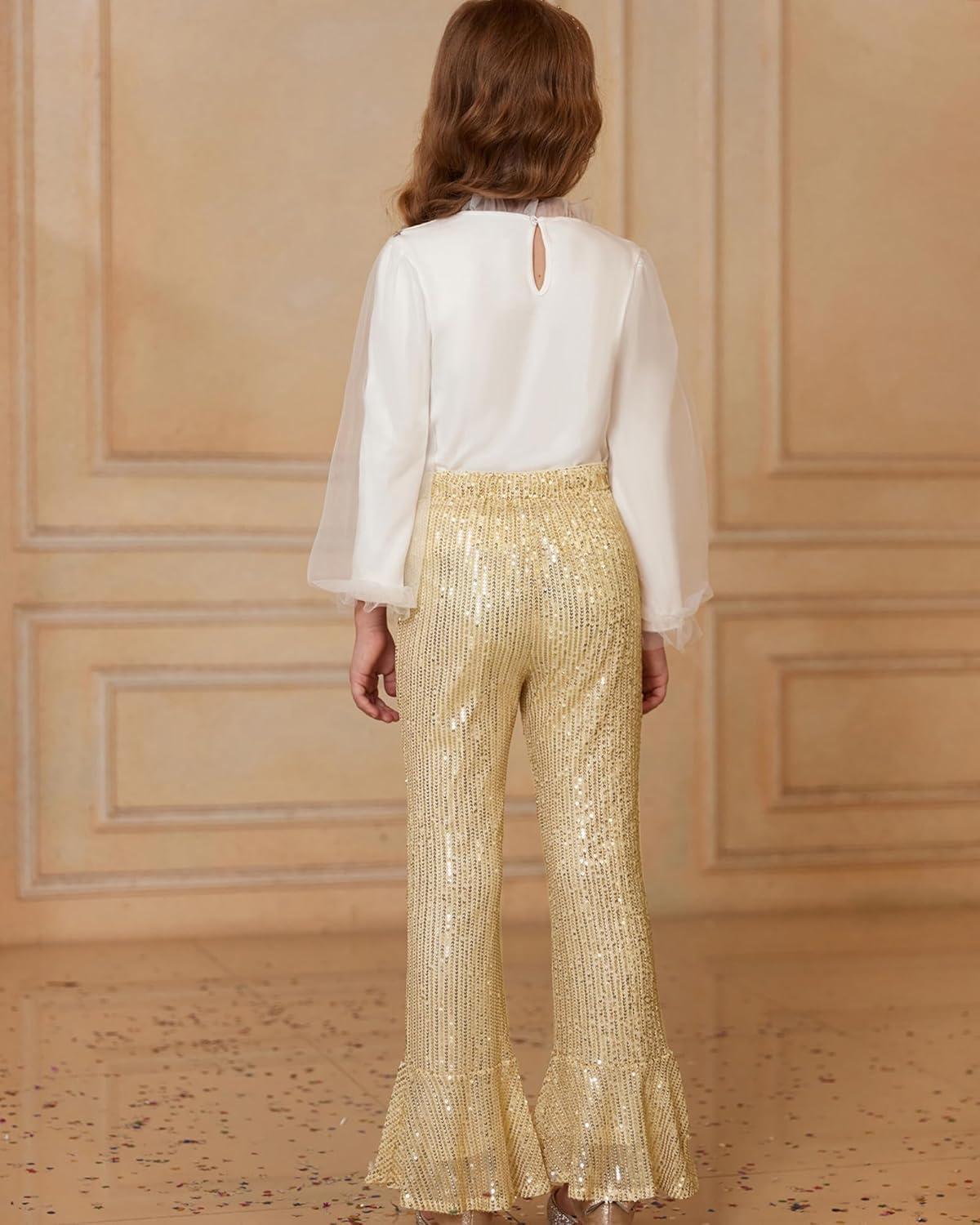 imageGRACE KARIN Girls Sequin Pants Sparke Trouser Glitter Dance Bell Bottoms 514Gold