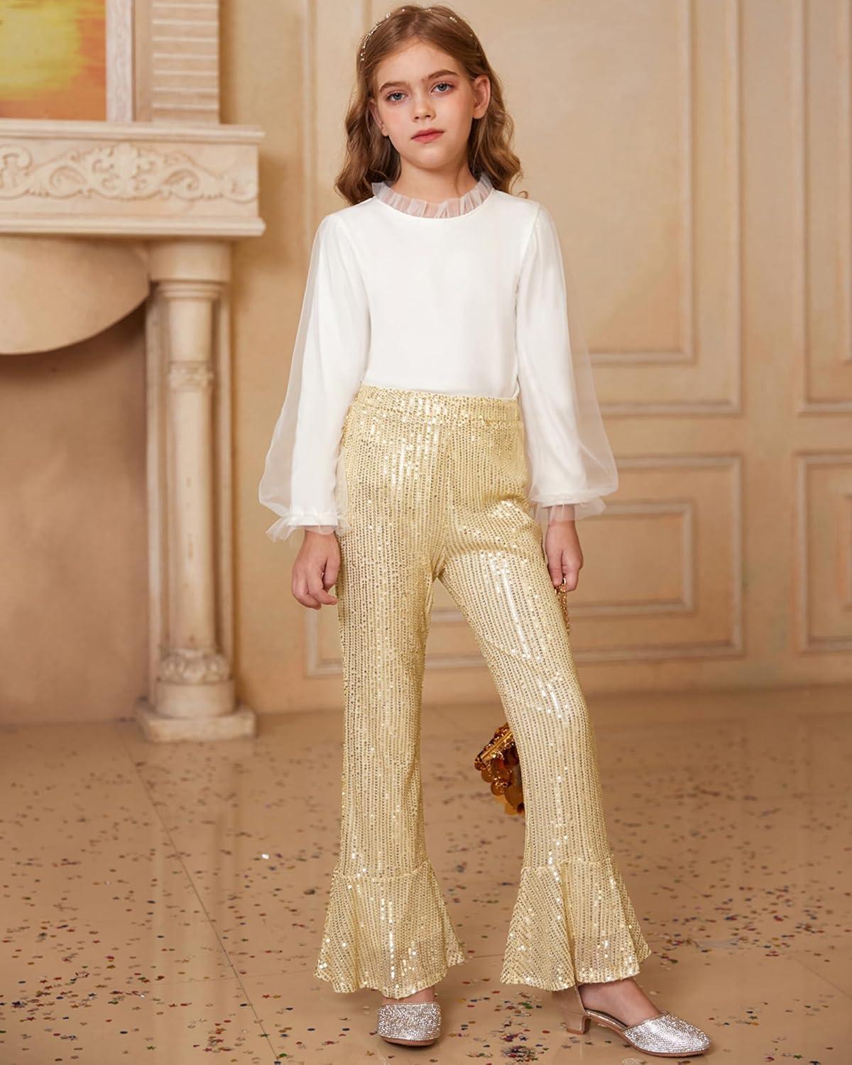 imageGRACE KARIN Girls Sequin Pants Sparke Trouser Glitter Dance Bell Bottoms 514Gold