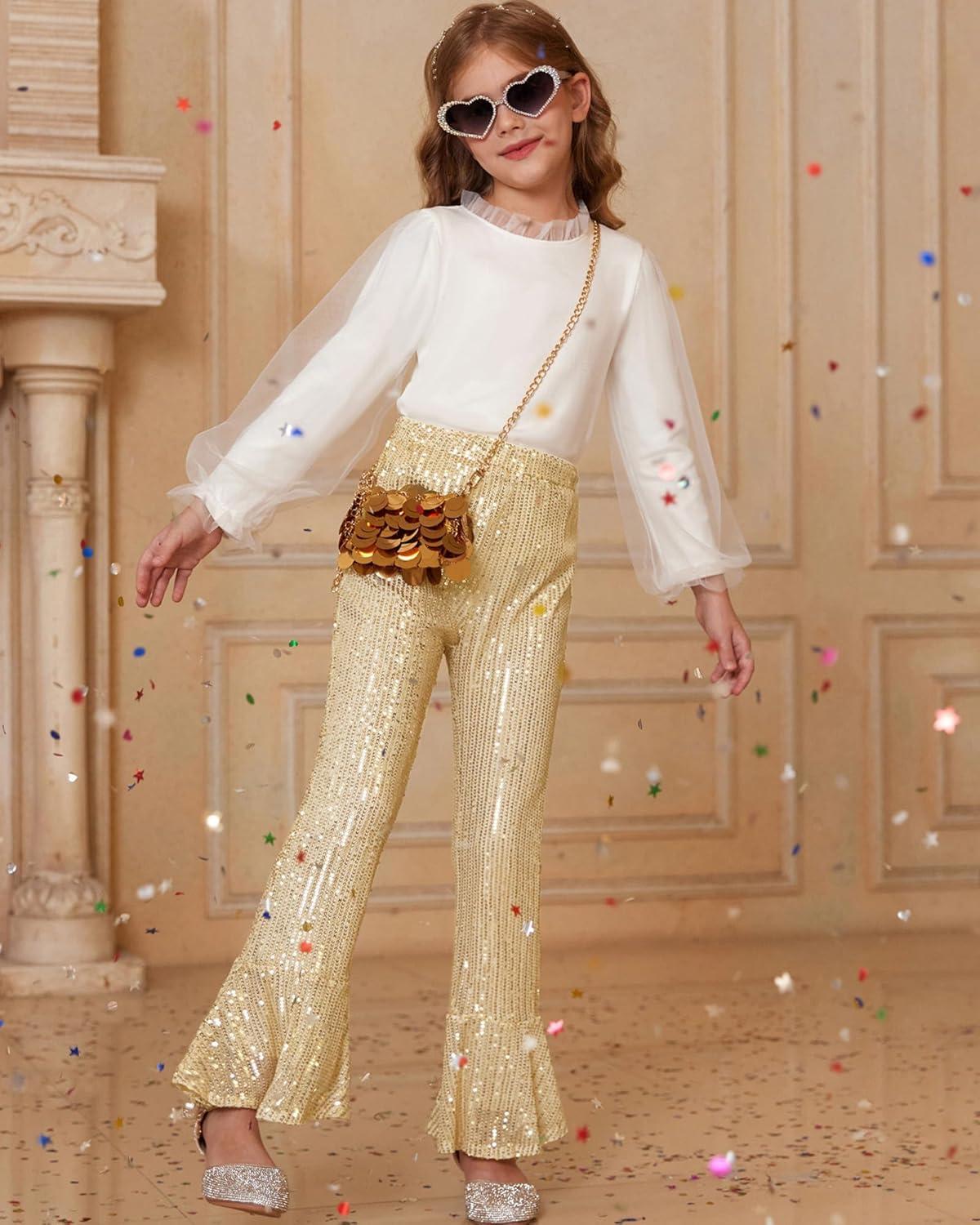 imageGRACE KARIN Girls Sequin Pants Sparke Trouser Glitter Dance Bell Bottoms 514Gold