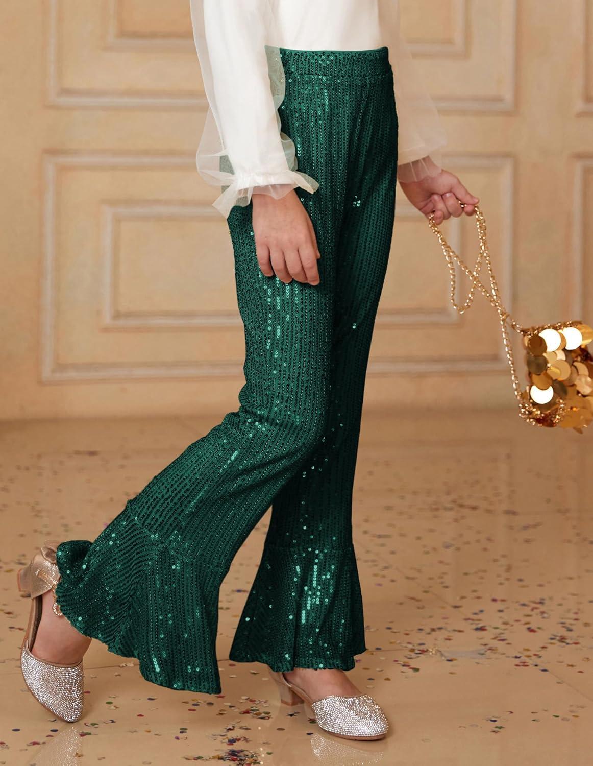 imageGRACE KARIN Girls Sequin Pants Sparke Trouser Glitter Dance Bell Bottoms 514Green