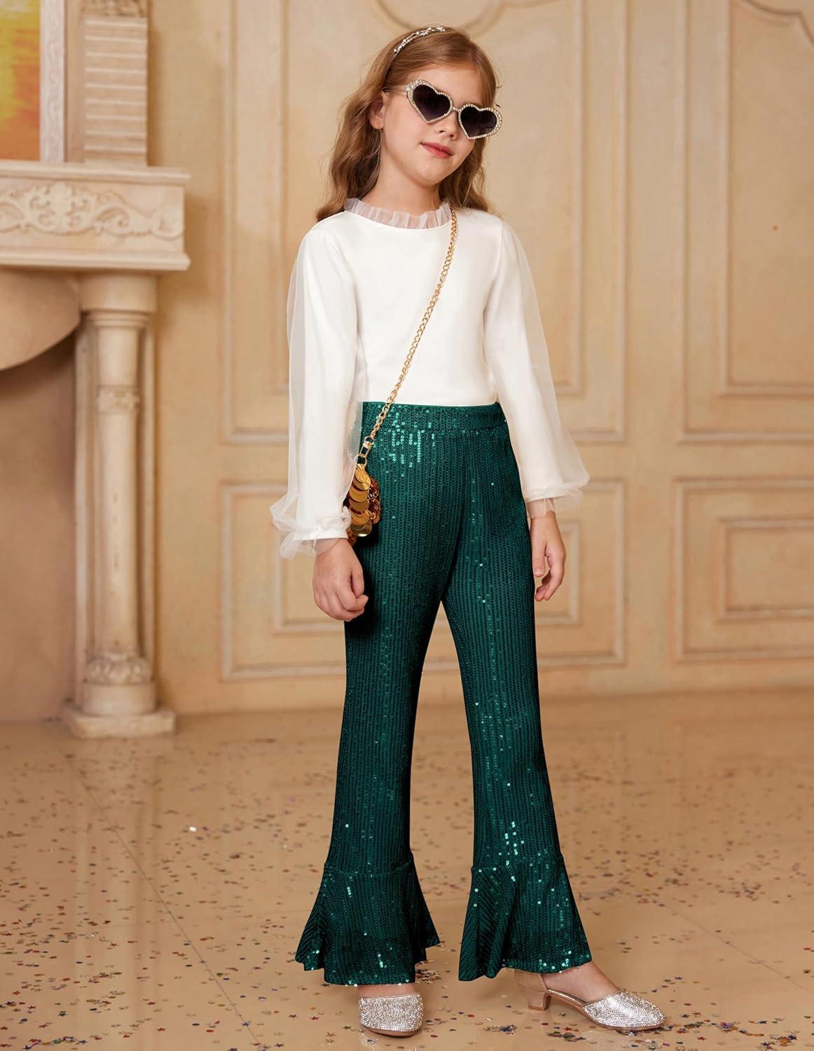 imageGRACE KARIN Girls Sequin Pants Sparke Trouser Glitter Dance Bell Bottoms 514Green