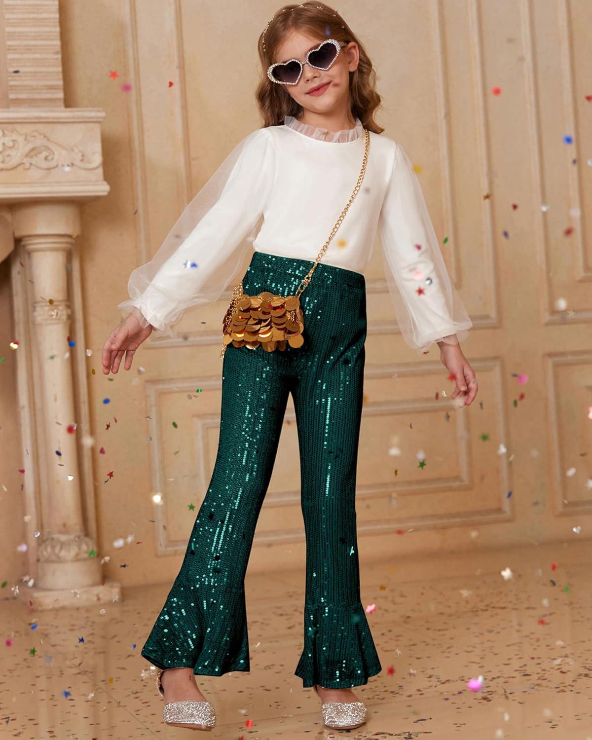 imageGRACE KARIN Girls Sequin Pants Sparke Trouser Glitter Dance Bell Bottoms 514Green