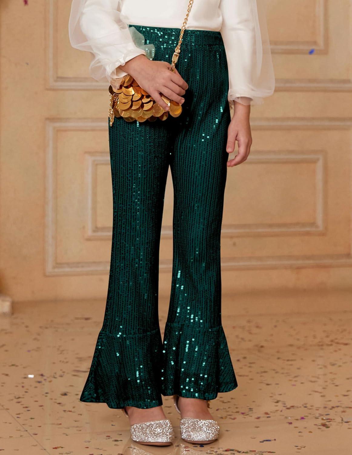 imageGRACE KARIN Girls Sequin Pants Sparke Trouser Glitter Dance Bell Bottoms 514Green