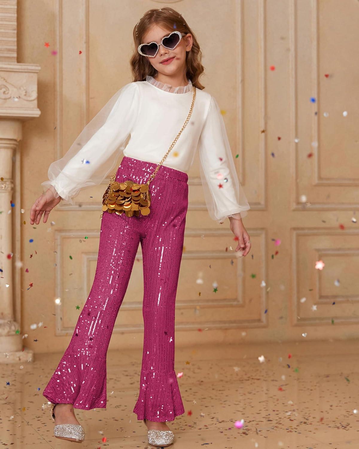 imageGRACE KARIN Girls Sequin Pants Sparke Trouser Glitter Dance Bell Bottoms 514Hot Pink
