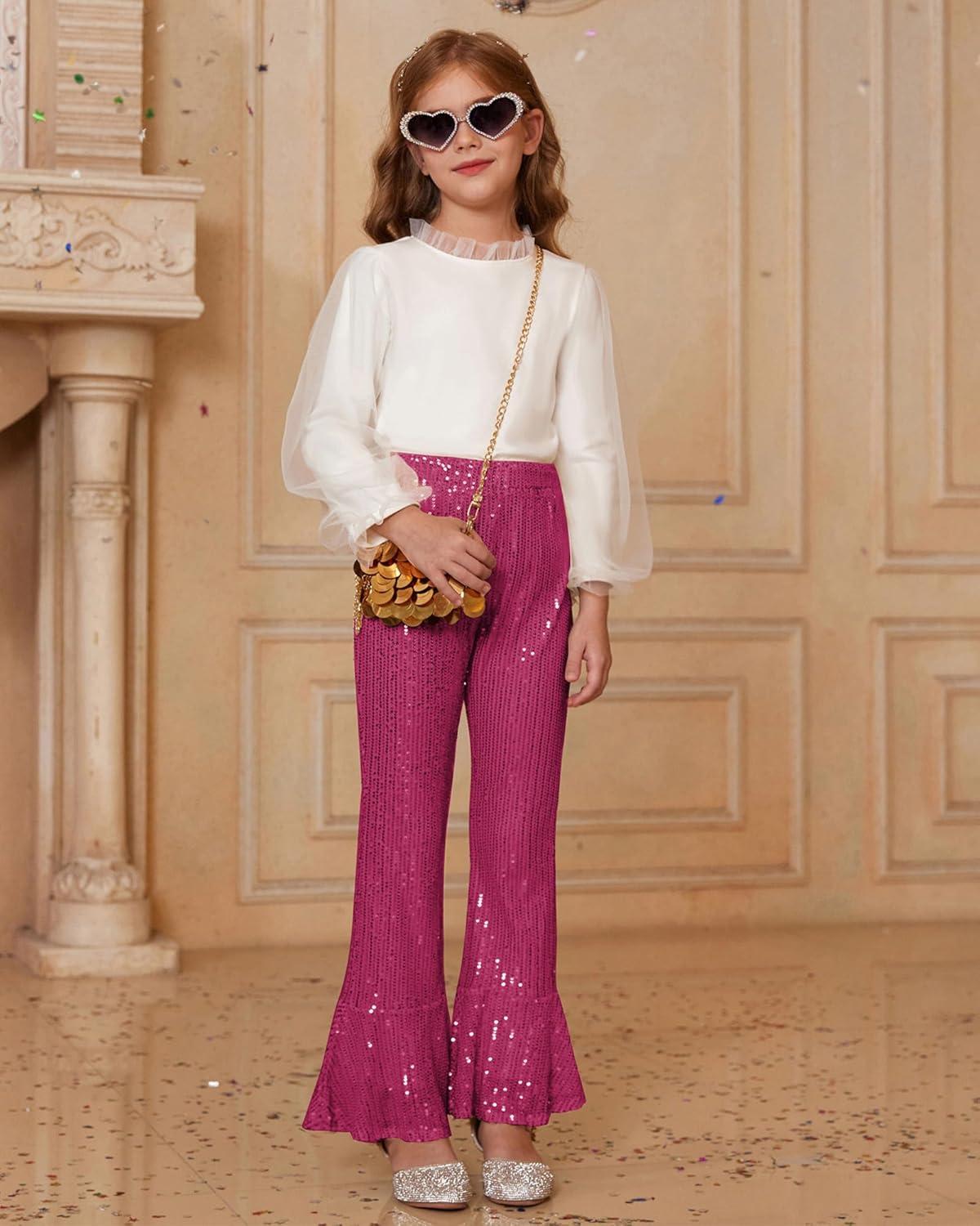 imageGRACE KARIN Girls Sequin Pants Sparke Trouser Glitter Dance Bell Bottoms 514Hot Pink