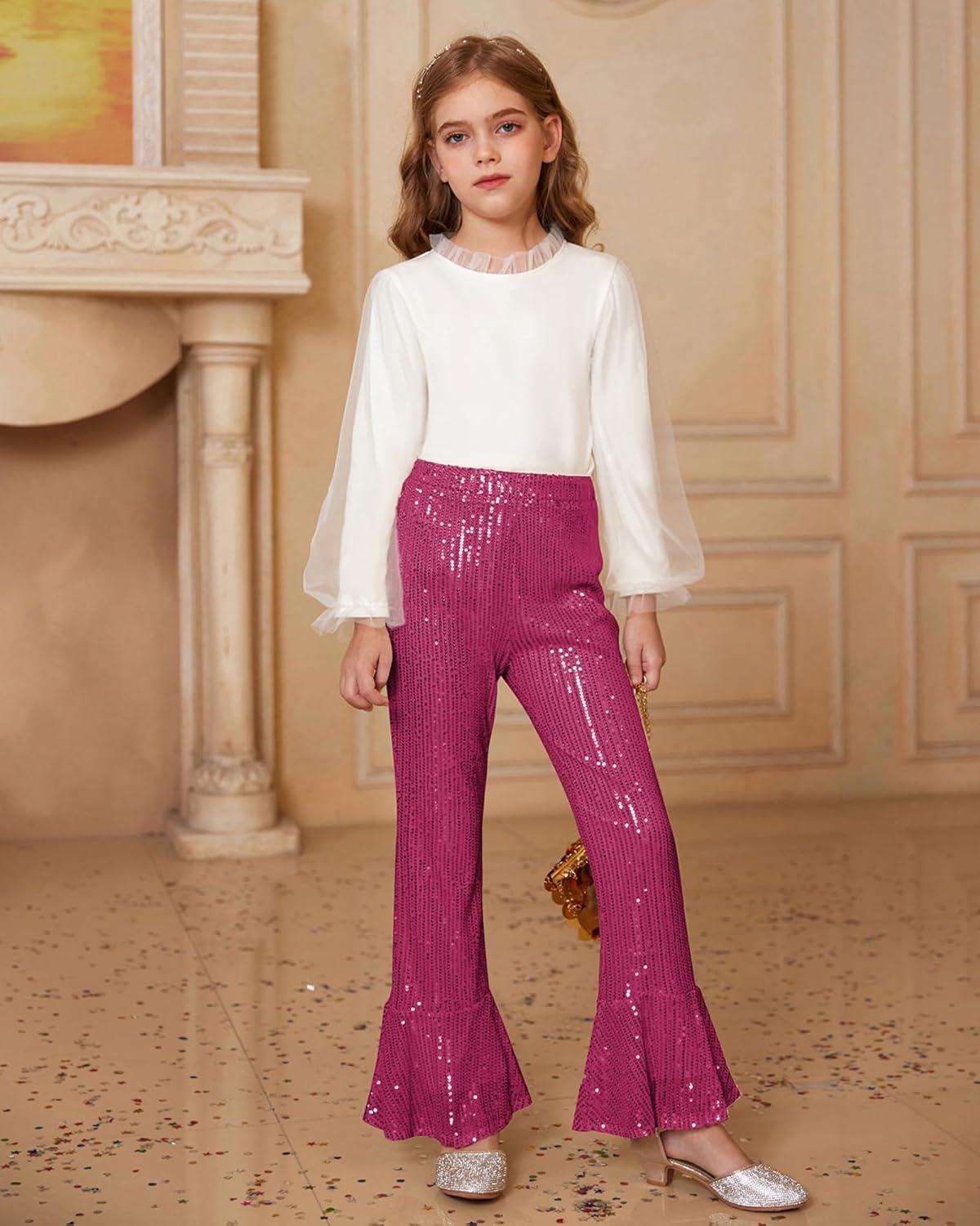 imageGRACE KARIN Girls Sequin Pants Sparke Trouser Glitter Dance Bell Bottoms 514Hot Pink