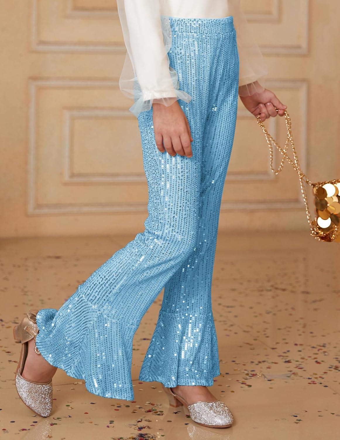 imageGRACE KARIN Girls Sequin Pants Sparke Trouser Glitter Dance Bell Bottoms 514Light Blue