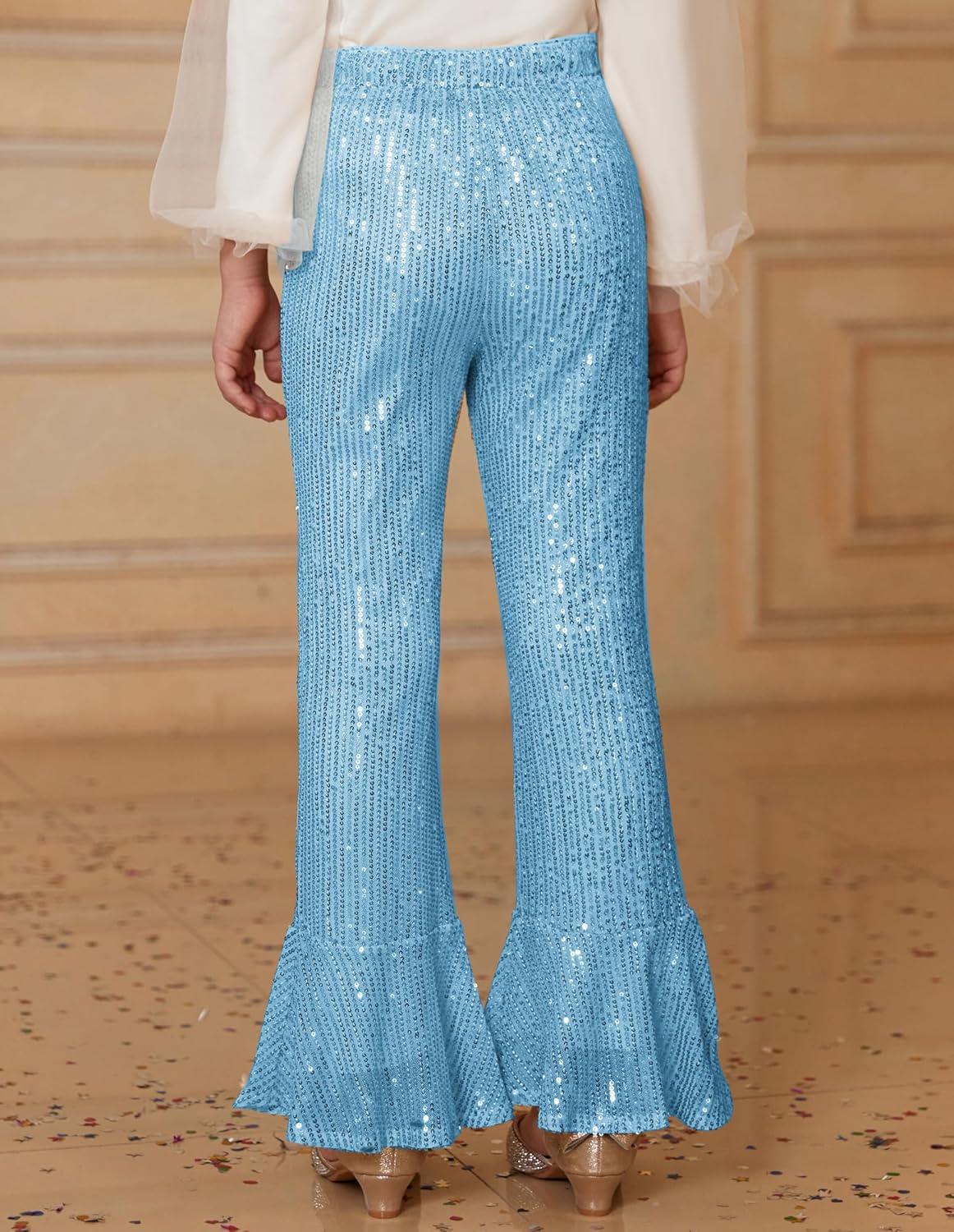 imageGRACE KARIN Girls Sequin Pants Sparke Trouser Glitter Dance Bell Bottoms 514Light Blue