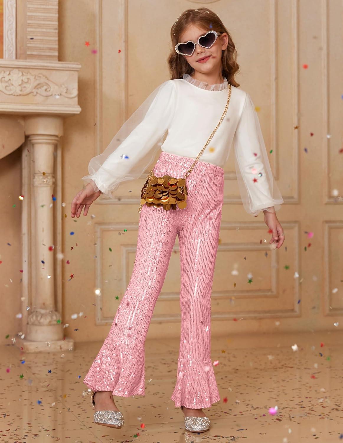 imageGRACE KARIN Girls Sequin Pants Sparke Trouser Glitter Dance Bell Bottoms 514Pink
